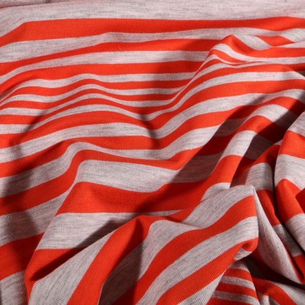 Tissu Jersey coton Rayures rouges sur fond Gris chiné - Par 10 cm