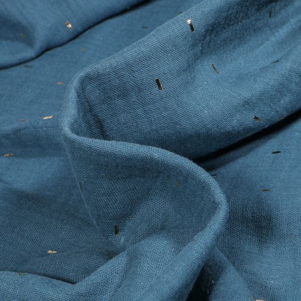 Tissu Double gaze Confettis rectangulaires dorés sur fond Bleu pétrole - Par 10 cm