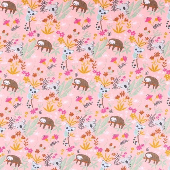 Tissu Jersey coton Bio envers molletonné Paresseux et koala fleuris sur fond Rose - Par 10 cm