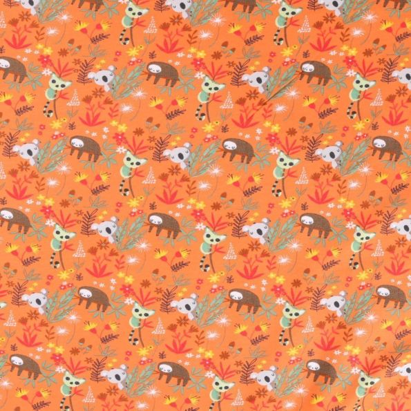 Tissu Jersey coton Bio envers molletonné  Paresseux  et koala fleuris sur fond Orange - Par 10 cm