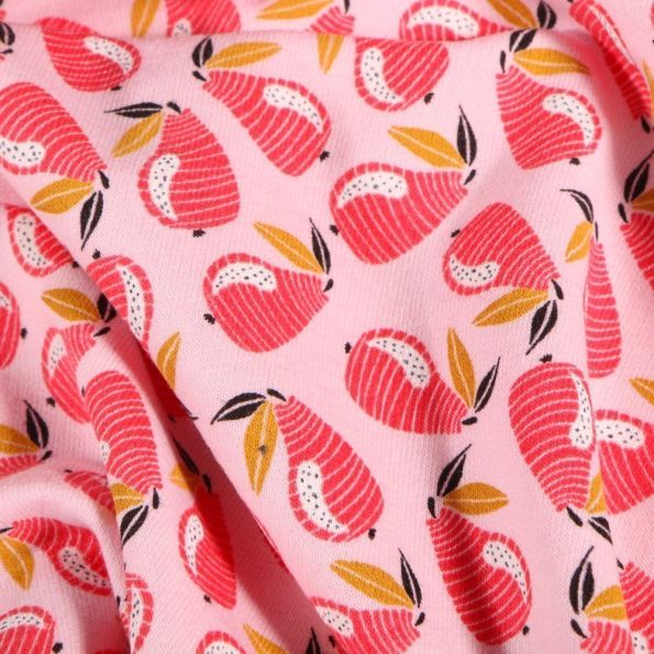 Tissu Jersey Coton Poire Pop sur fond Rose - Par 10 cm