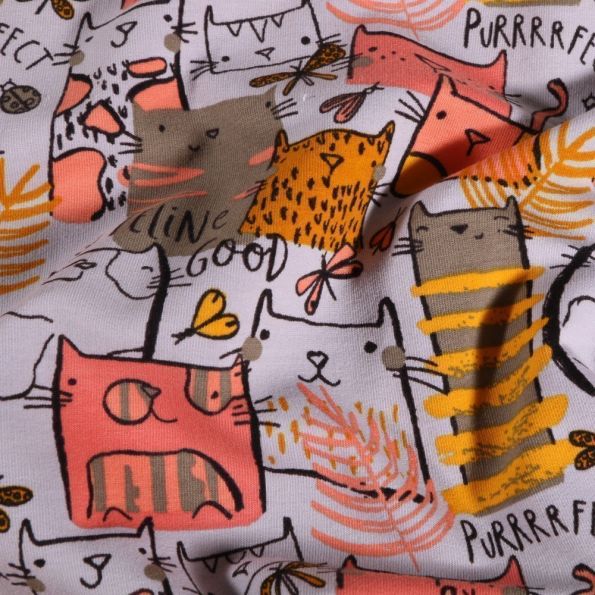 Tissu Jersey Coton envers gratté Chats dessins sur fond Gris - Par 10 cm