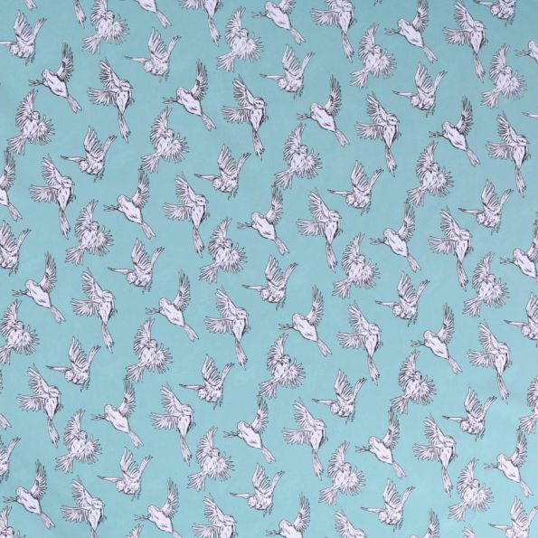 Tissu satin imprimé Oiseaux noirs et blancs en vol sur fond Vert menthe - Par 10 cm