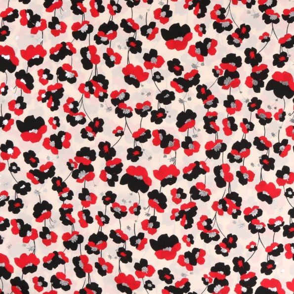 Tissu Satin imprimé Fleurs rouge noir et argent sur fond Blanc cassé - Par 10 cm