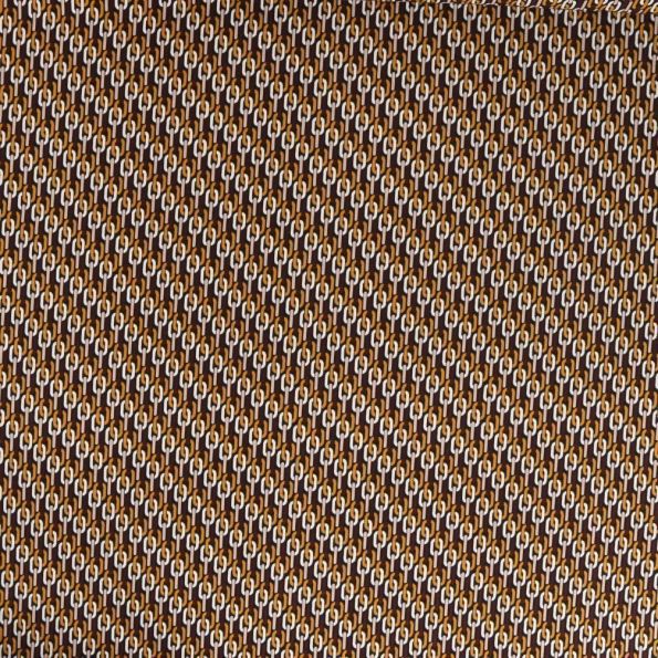 Tissu Satin imprimé Motifs chaîne ocre et blanc sur fond Marron - Par 10 cm