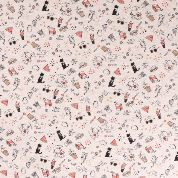 Tissu Jersey Coton Motifs girly pailleté doré sur fond Beige chiné - Par 10 cm