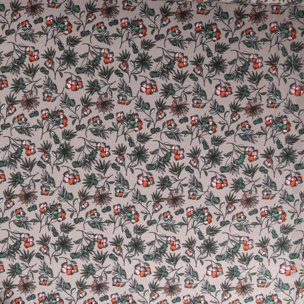 Tissu Jersey Modal Feuilles et fleurs sur fond Gris - Par 10 cm