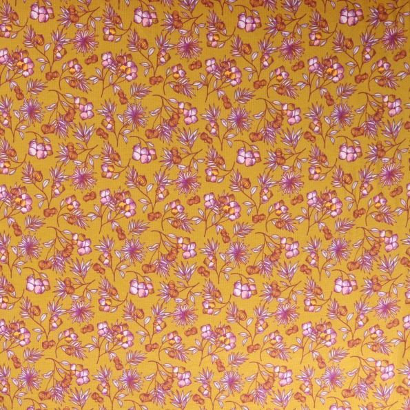 Tissu Jersey Modal Feuilles et fleurs sur fond Moutarde - Par 10 cm