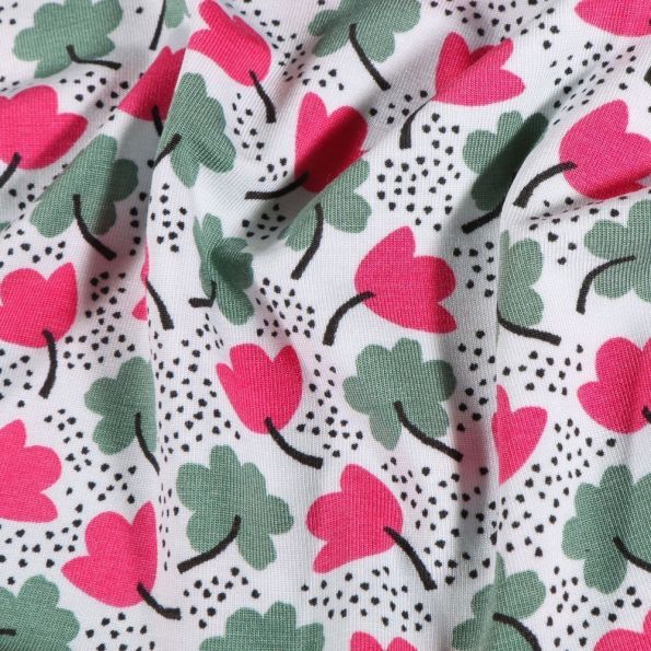 Tissu Jersey Modal Trèfles kaki et fuchsia sur fond Blanc - Par 10 cm