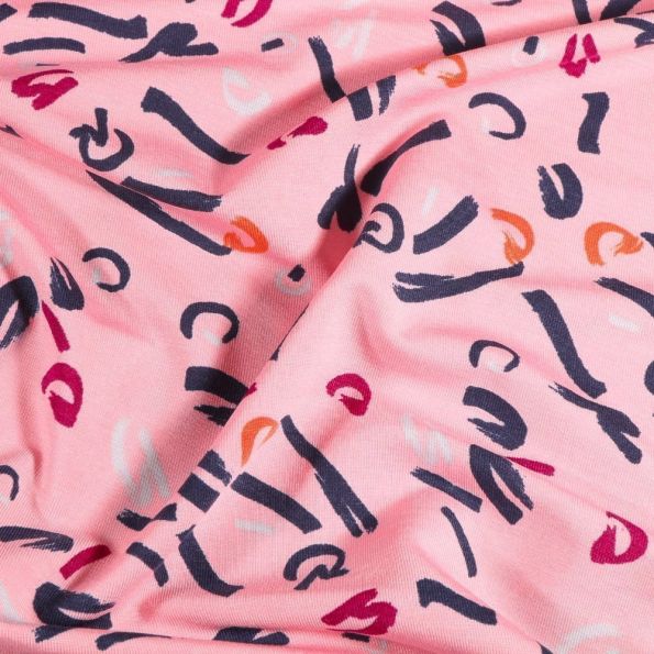 Tissu Jersey Modal Traits de feutre orange et fuchsia sur fond Rose - Par 10 cm