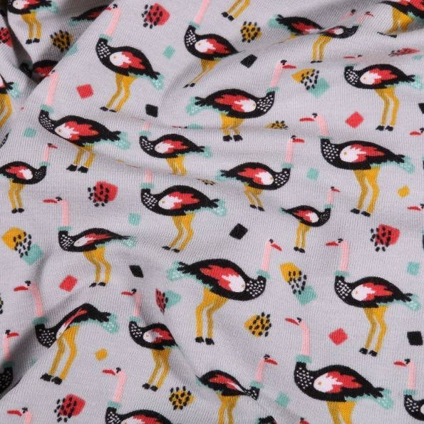 Tissu Jersey Coton Autruches sur fond Gris - Par 10 cm