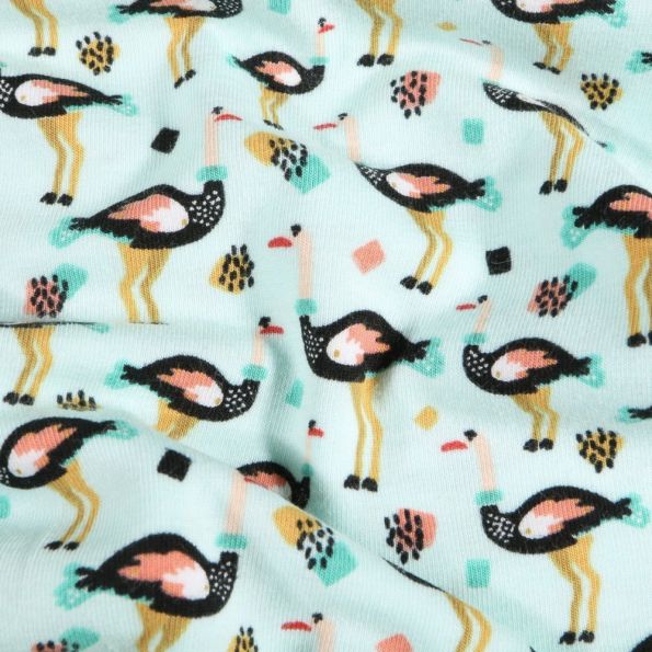 Tissu Jersey Coton Autruches sur fond Bleu ciel - Par 10 cm