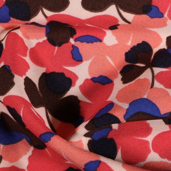 Tissu Crêpe stretch Trèfles rose rouges sur fond Rose - Par 10 cm