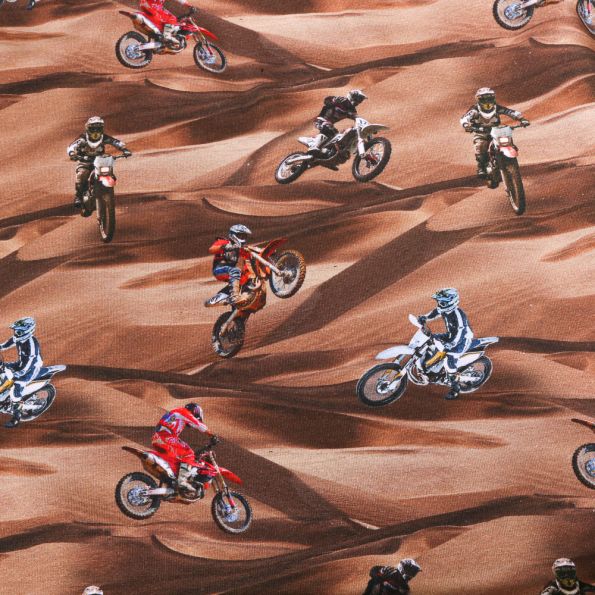 Tissu Jersey Coton Motocross sur fond Marron - Par 10 cm