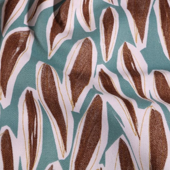 Tissu Toile de coton Feuilles marron sur fond Bleu - Par 10 cm