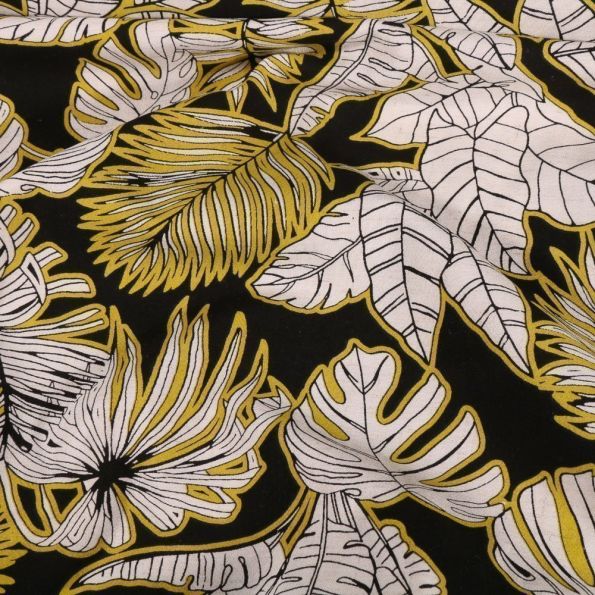Tissu Viscose Lin Feuilles jaunes et blanches sur fond Noir - Par 10 cm