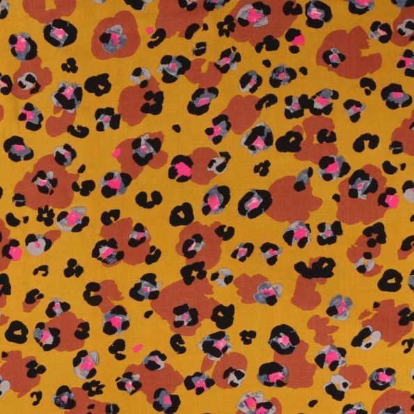 Tissu Viscose Tâches léopard fuchsia et grises sur fond Jaune moutarde - Par 10 cm