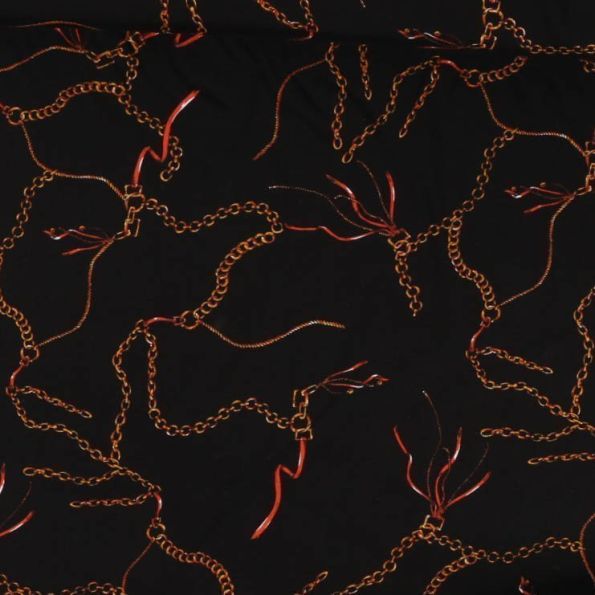 Tissu Viscose Motifs foulard rouge et ocre sur fond Noir - Par 10 cm