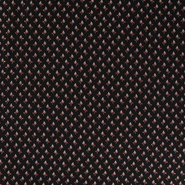 Tissu Viscose  Petites fleurs rouge et doré sur fond Noir - Par 10 cm