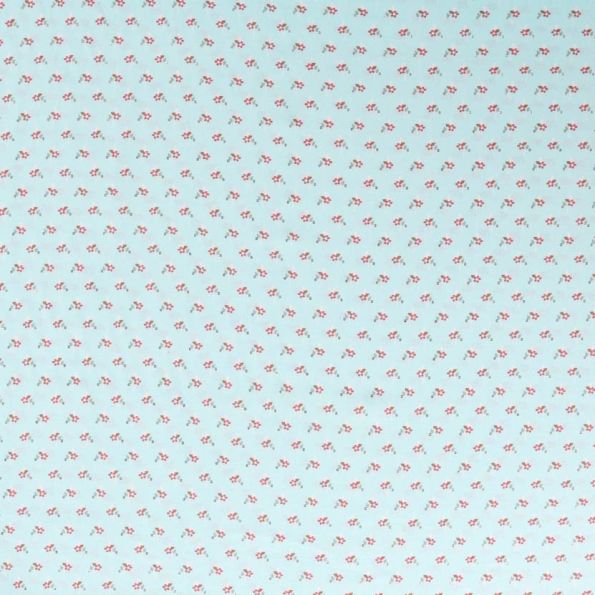 Tissu Viscose Petites fleurs rouge et doré sur fond Vert menthe - Par 10 cm