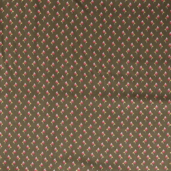 Tissu Viscose  Petites fleurs rouge et doré sur fond Vert kaki - Par 10 cm