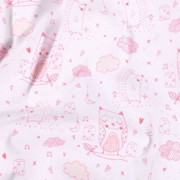 Tissu Coton imprimé Hiboux et hérissons sur fond Blanc - Par 10 cm