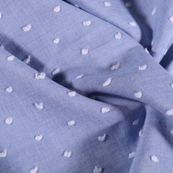 Tissu Plumetis léger  Pois blanc sur fond Bleu - Par 10 cm