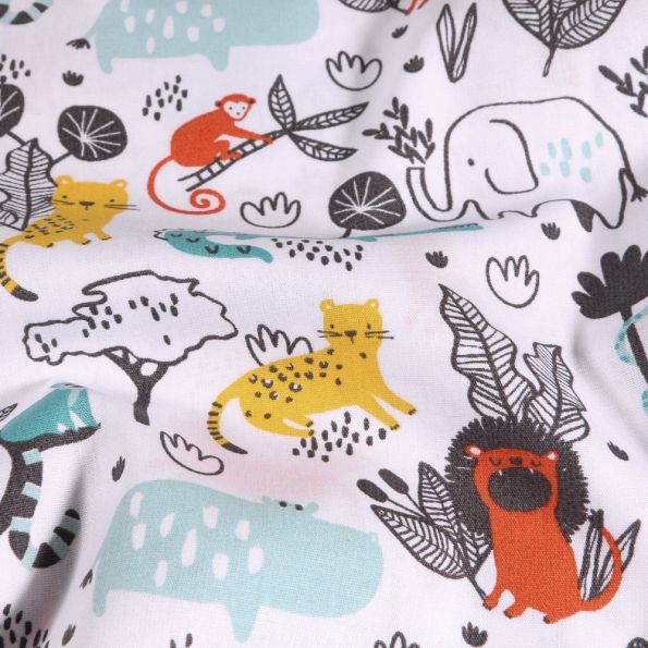 Tissu Coton imprimé LittleBird Dessins animaux de la jungle sur fond Blanc - Par 10 cm