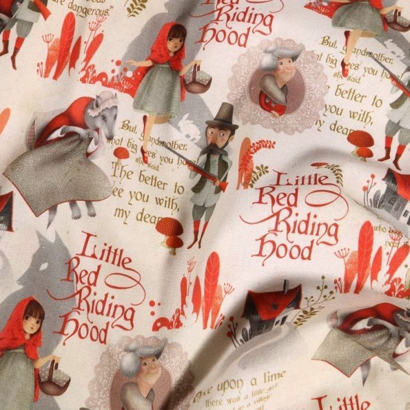 Tissu Coton imprimé Petit chaperon rouge sur fond Blanc - Par 10 cm