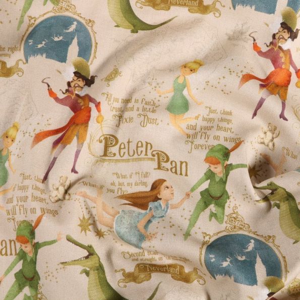 Tissu Coton imprimé Peter Pan sur fond Beige - Par 10 cm
