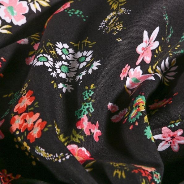 Tissu Coton imprimé Bouquets de fleurs sur fond Noir - Par 10 cm