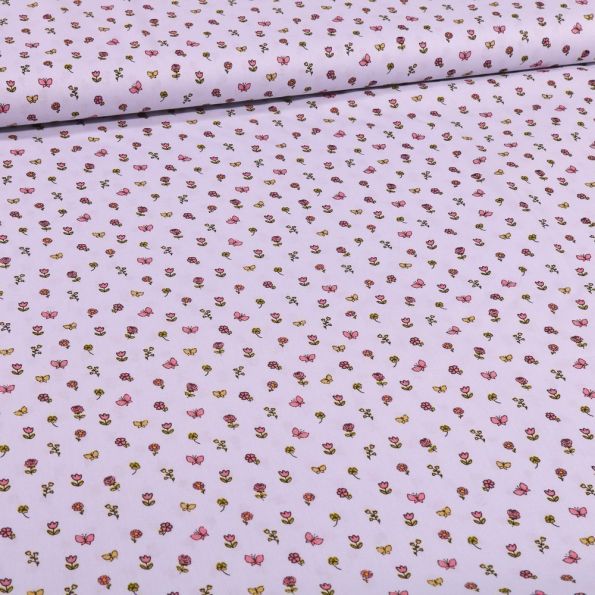 Tissu Coton imprimé Petits bouquets de fleurs et papillons sur fond Gris - Par 10 cm