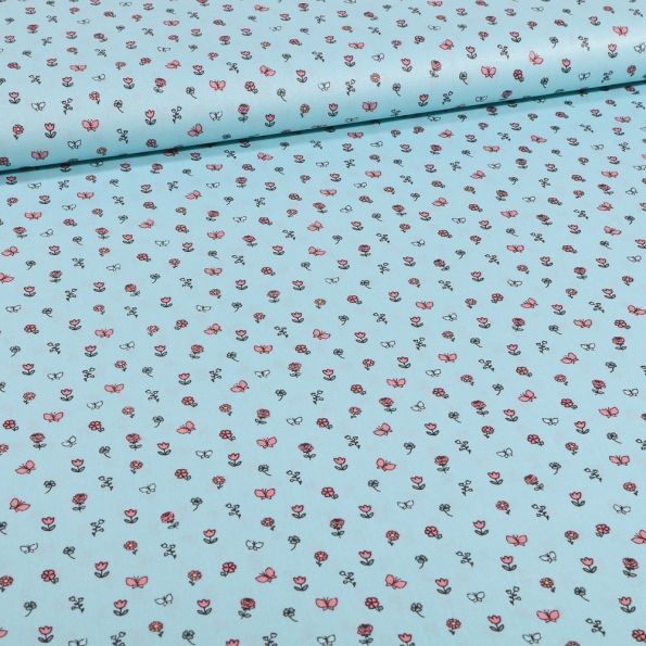 Tissu Coton imprimé Petits bouquets de fleurs et papillons sur fond Bleu - Par 10 cm