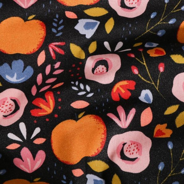 Tissu Coton enduit Fleurs et fruits vintage sur fond Noir - Par 10 cm