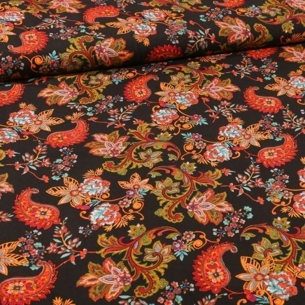 Tissu Viscose Motif cachemires  et arabesques fleuris sur fond Noir - Par 10 cm