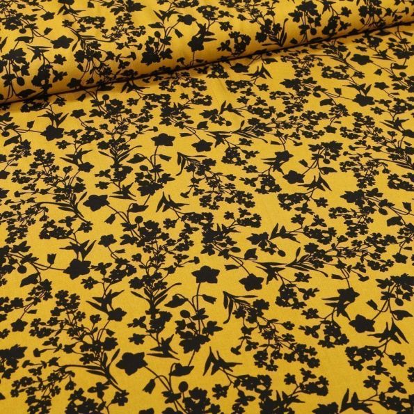 Tissu Viscose Bouquets de fleurs noirs sur fond Jaune - Par 10 cm