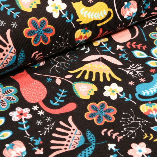 Tissu Velours milleraies Chats et fleurs colorés sur fond Noir - Par 10 cm