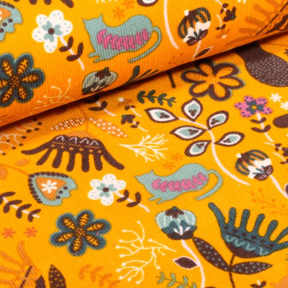 Tissu Velours milleraies Chats et fleurs colorés sur fond Jaune - Par 10 cm