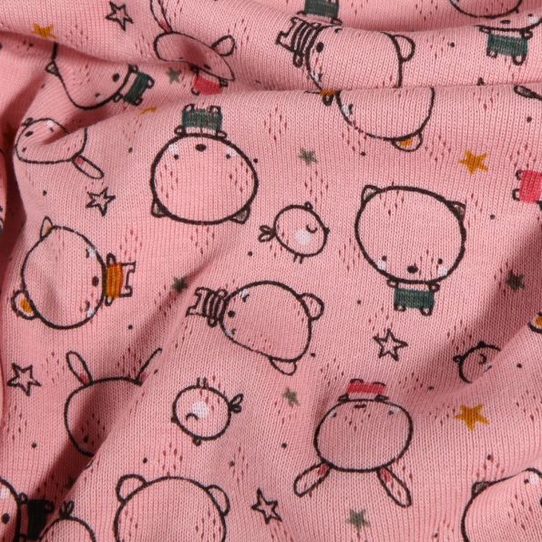 Tissu Jersey ajouré Petits oursons et lapins sur fond Rose - Par 10 cm