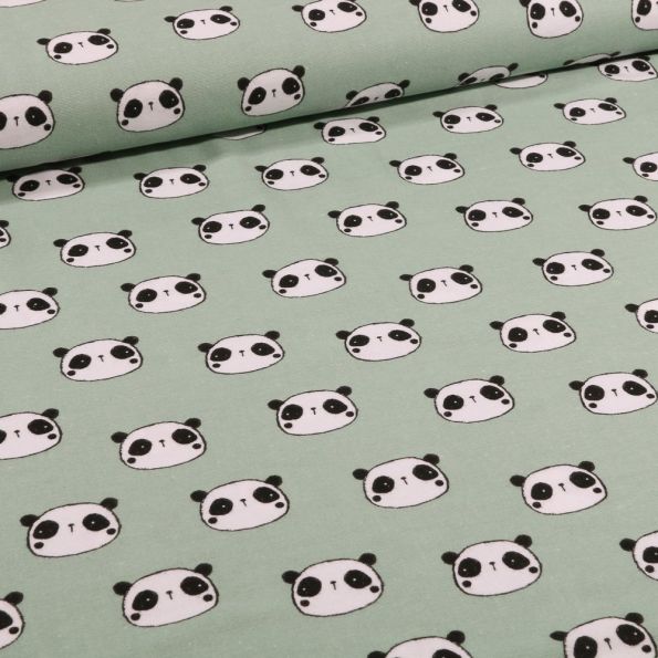 Tissu Flanelle de coton Têtes de pandas sur fond Vert d'eau - Par 10 cm