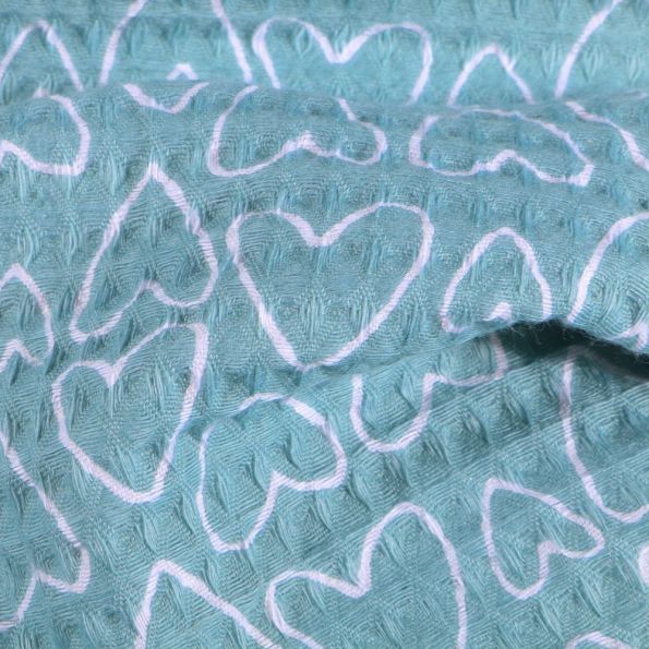 Tissu Nid d'abeille imprimé Cœurs blancs sur fond Bleu - Par 10 cm