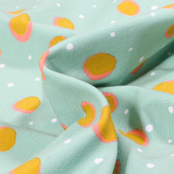 Tissu Jersey Coton Bio Pois 2 cm et mini pois sur fond Vert menthe - Par 10 cm