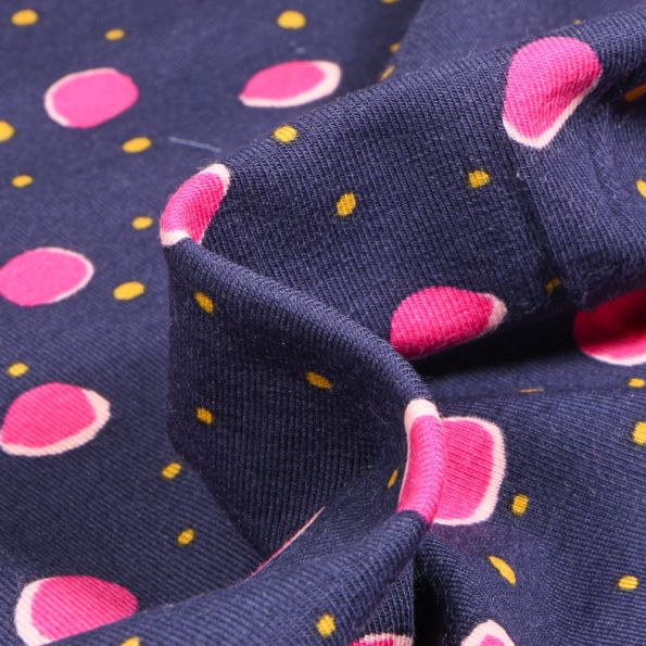 Tissu Jersey Coton Bio Pois 2 cm et mini pois sur fond Bleu marine - Par 10 cm