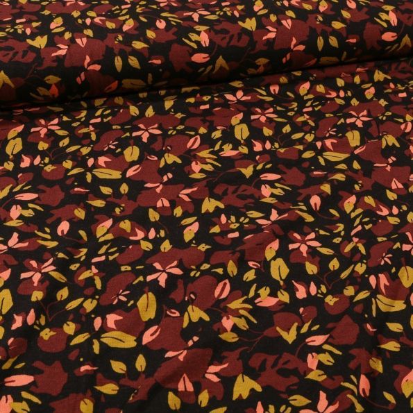 Tissu Jersey Viscose Fleurs bordeaux rose et vertes sur fond Noir - Par 10 cm