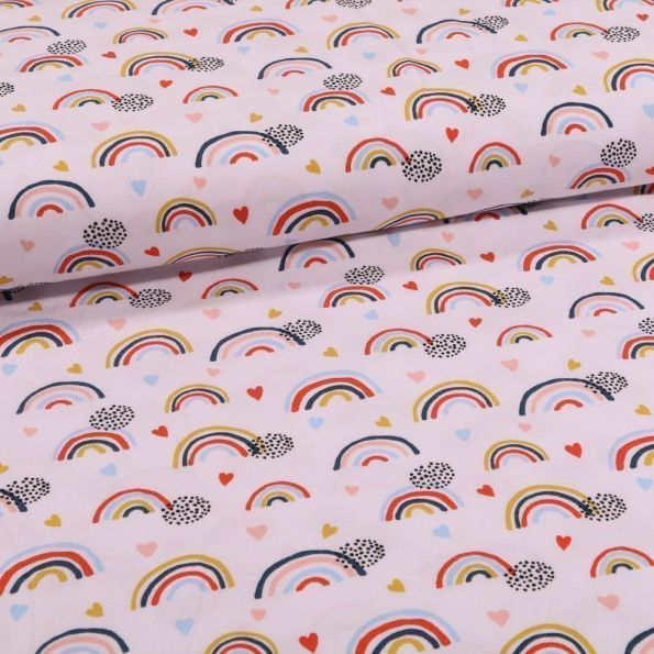 Tissu Jersey Coton Bio Arc en ciel sur fond Blanc - Par 10 cm