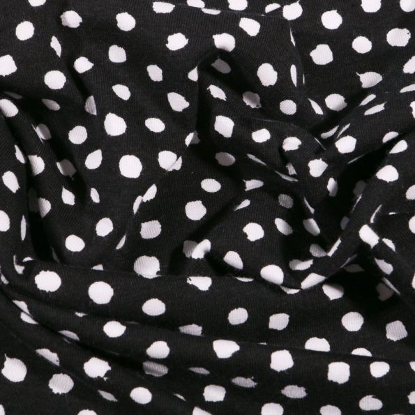 Tissu Jersey Coton Bio Pois déstructurés blancs sur fond Noir - Par 10 cm