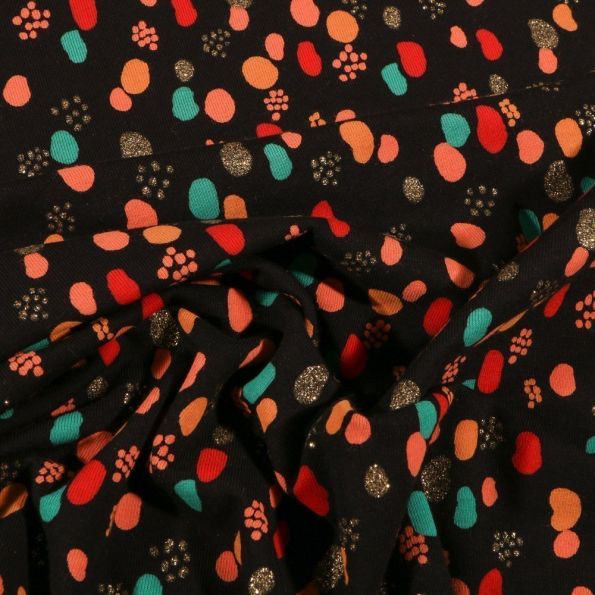 Tissu Jersey Coton Petits points et pois déstructuré pailleté sur fond Noir - Par 10 cm