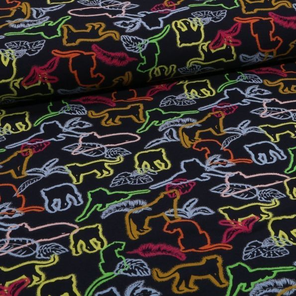 Tissu Jersey coton Pochoirs d'animaux jaunes rouges et oranges sur fond Noir - Par 10 cm