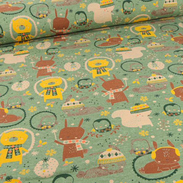 Tissu Jersey Coton Doudou chouchou sur fond Vert - Par 10 cm