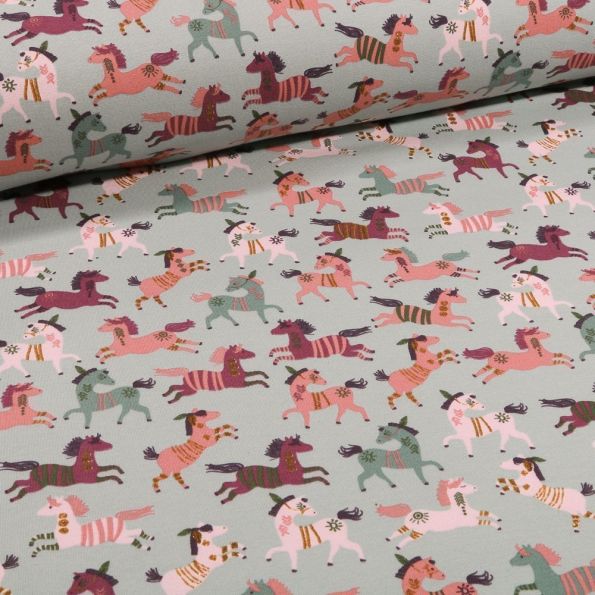 Tissu Jersey Coton Chevaux indiens sur fond Vert pâle - Par 10 cm